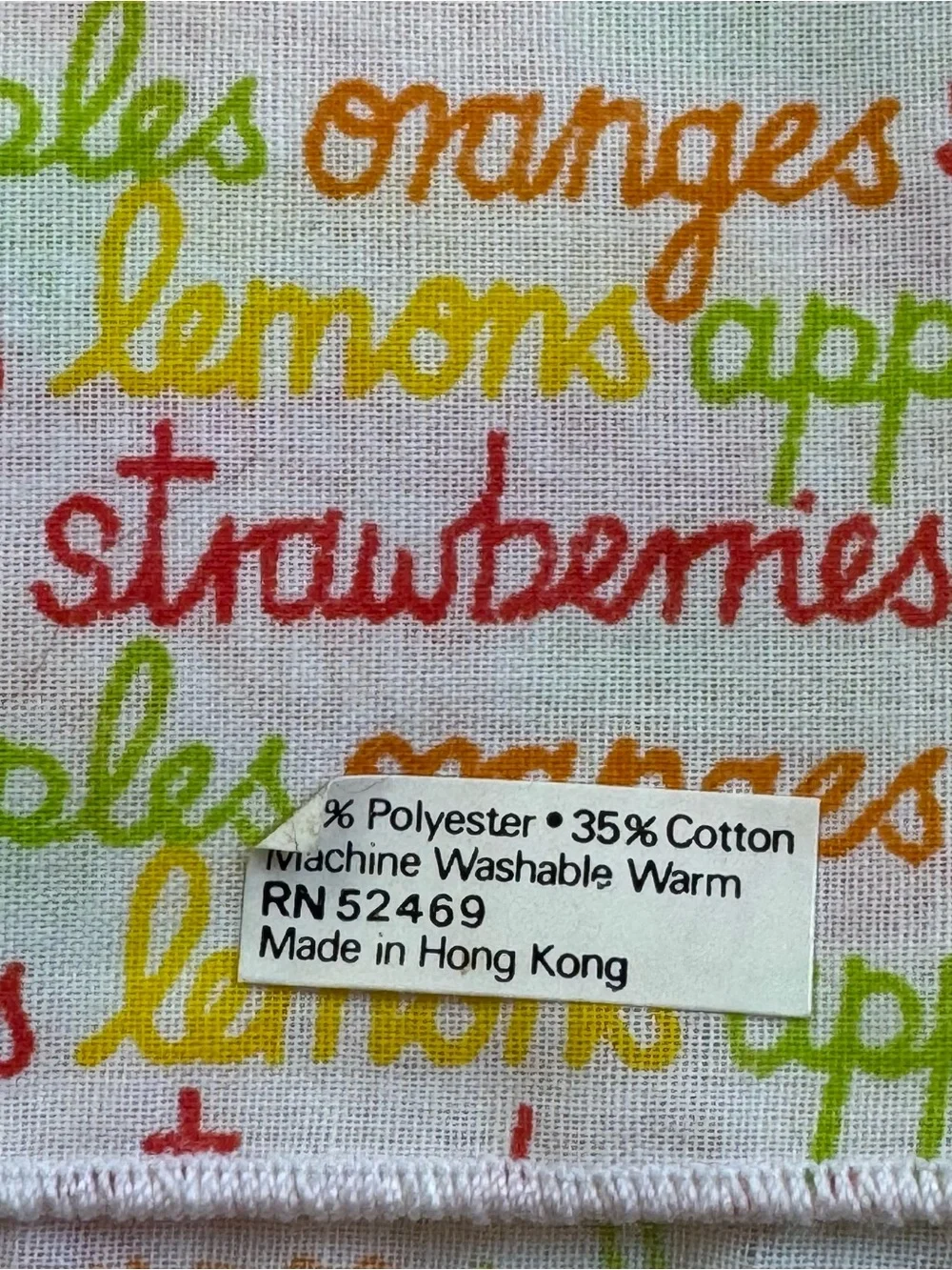 VTG 80s Napkins Cloth Words FRUIT Colorful Set 8